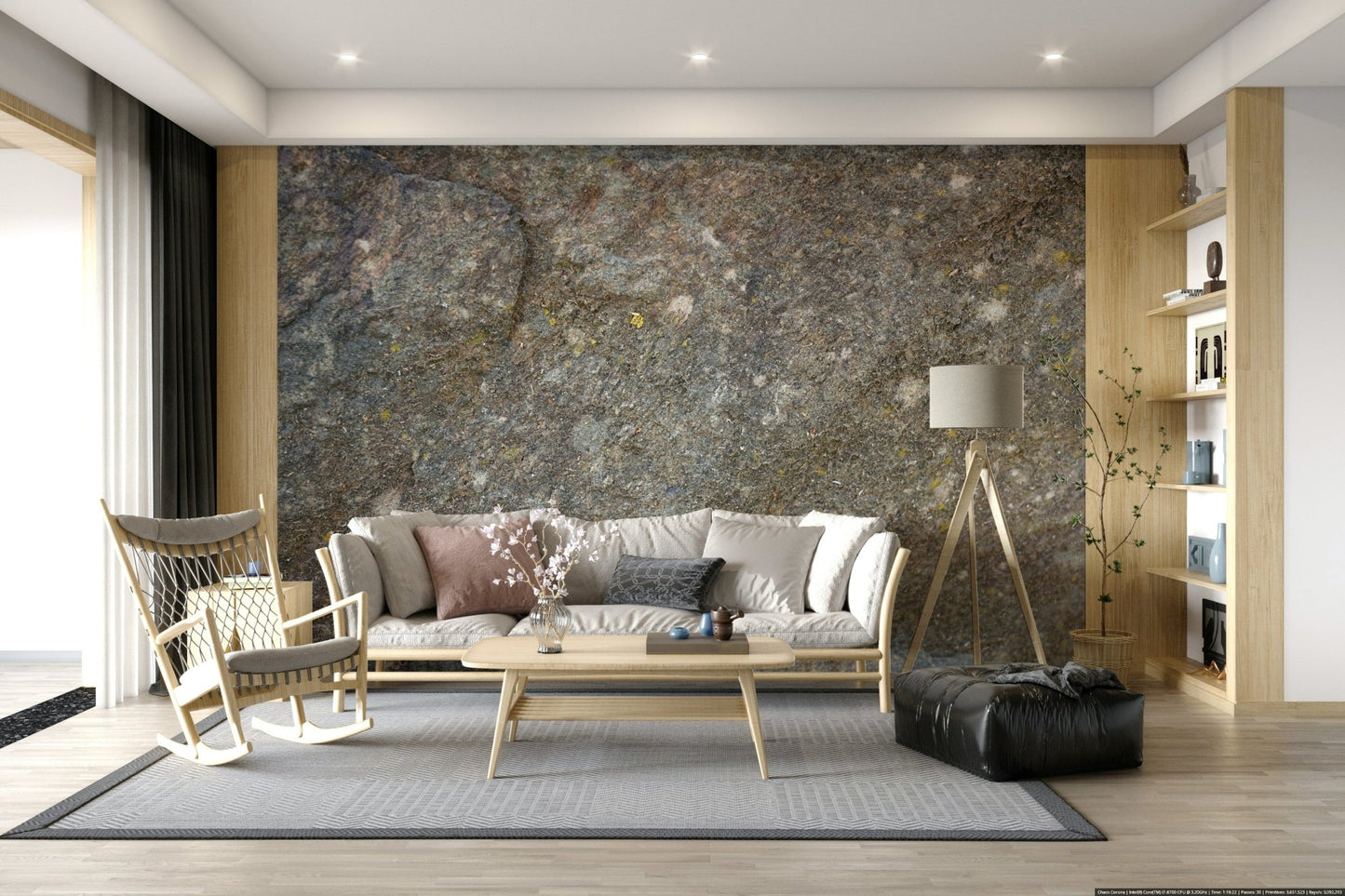Bedroom accent wall with textured rock surface.