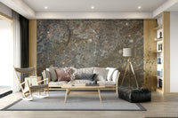 Bedroom accent wall with textured rock surface.