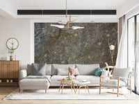 Textured rock surface mural in minimalist dining room.
