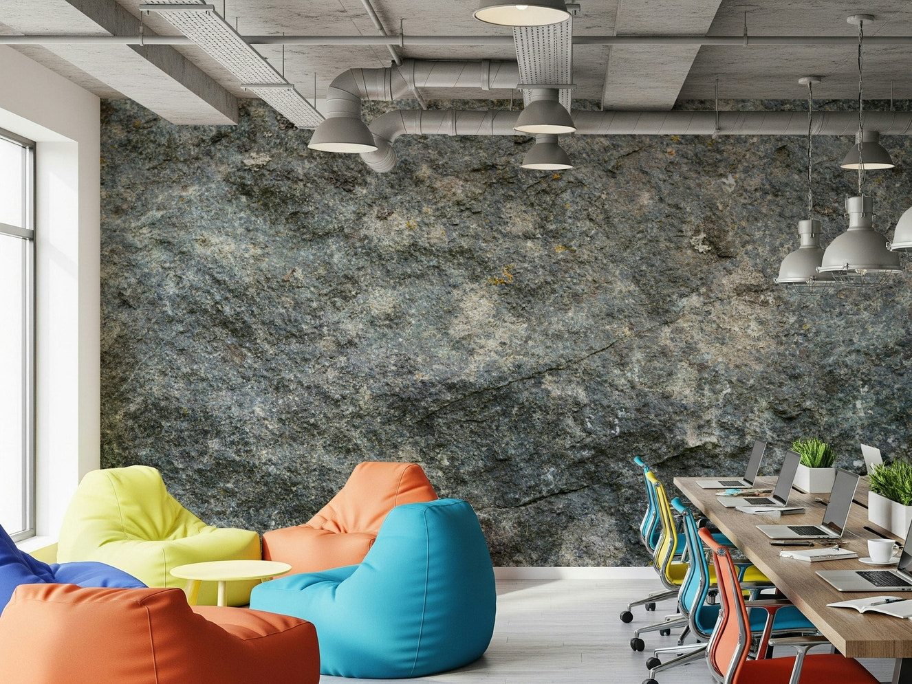 Textured rock wall mural in rustic living room.