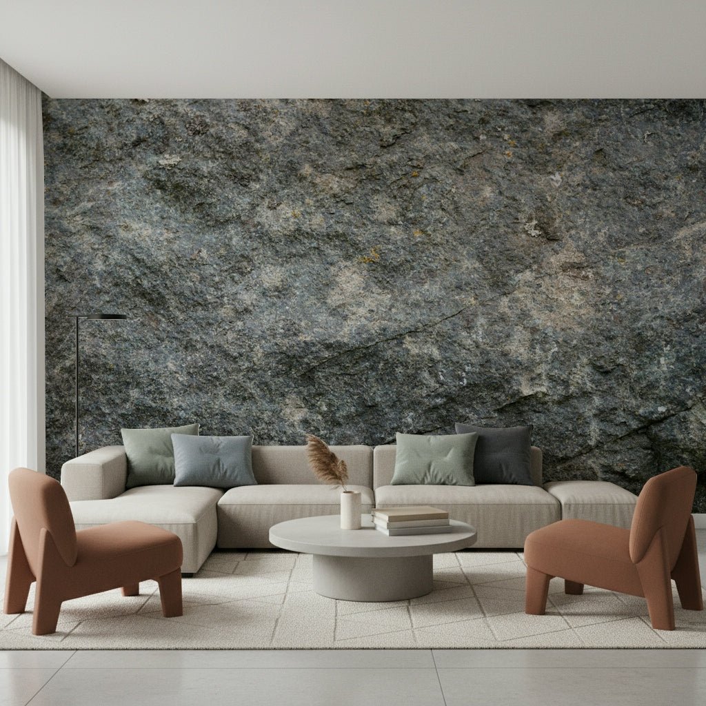 Textured rock mural in a cabin-style room.