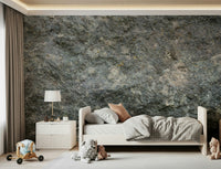 Textured rock wallpaper in a contemporary hallway.