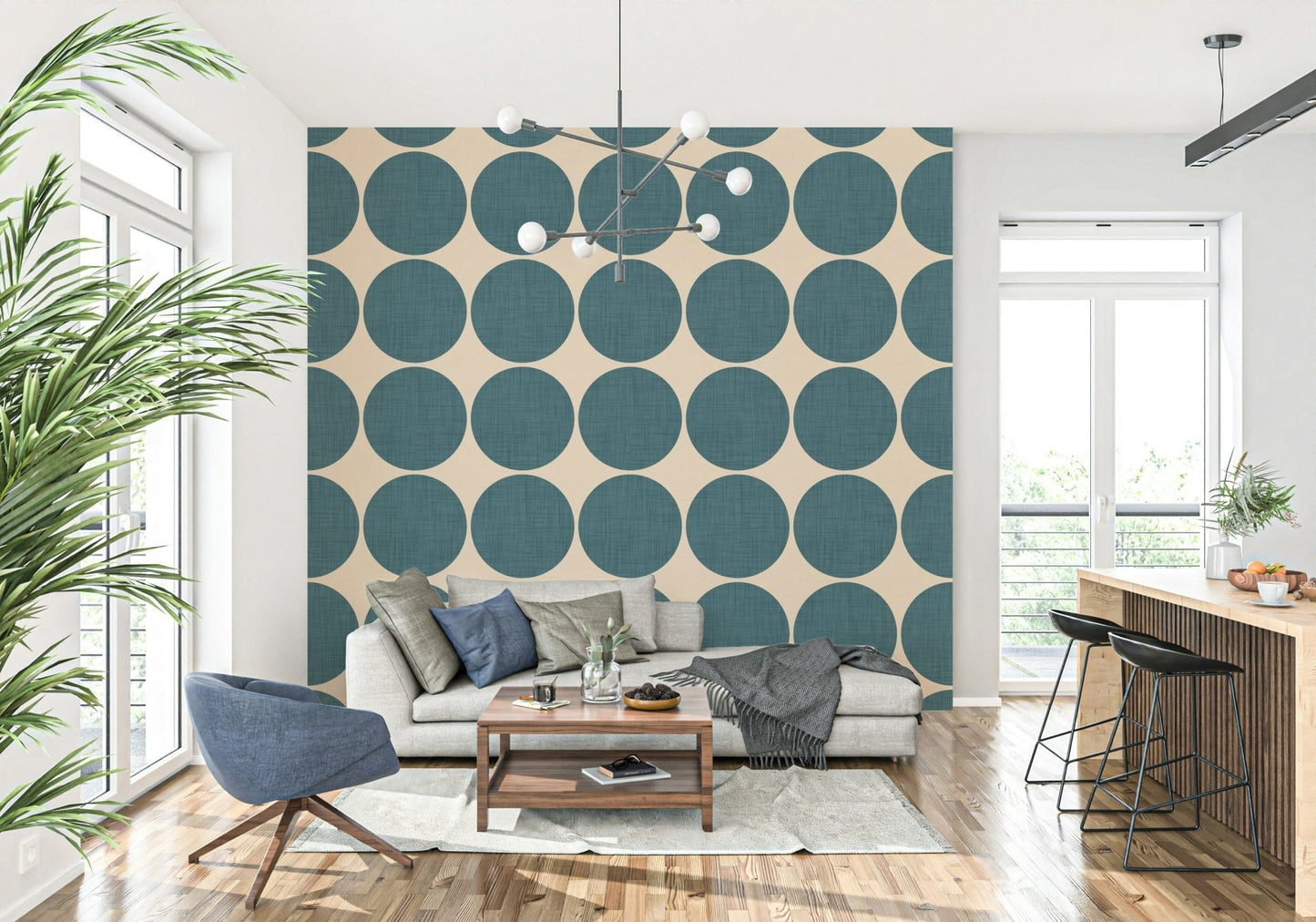 Striking Textured Teal Arcs Wallpaper is easy peel and stick.