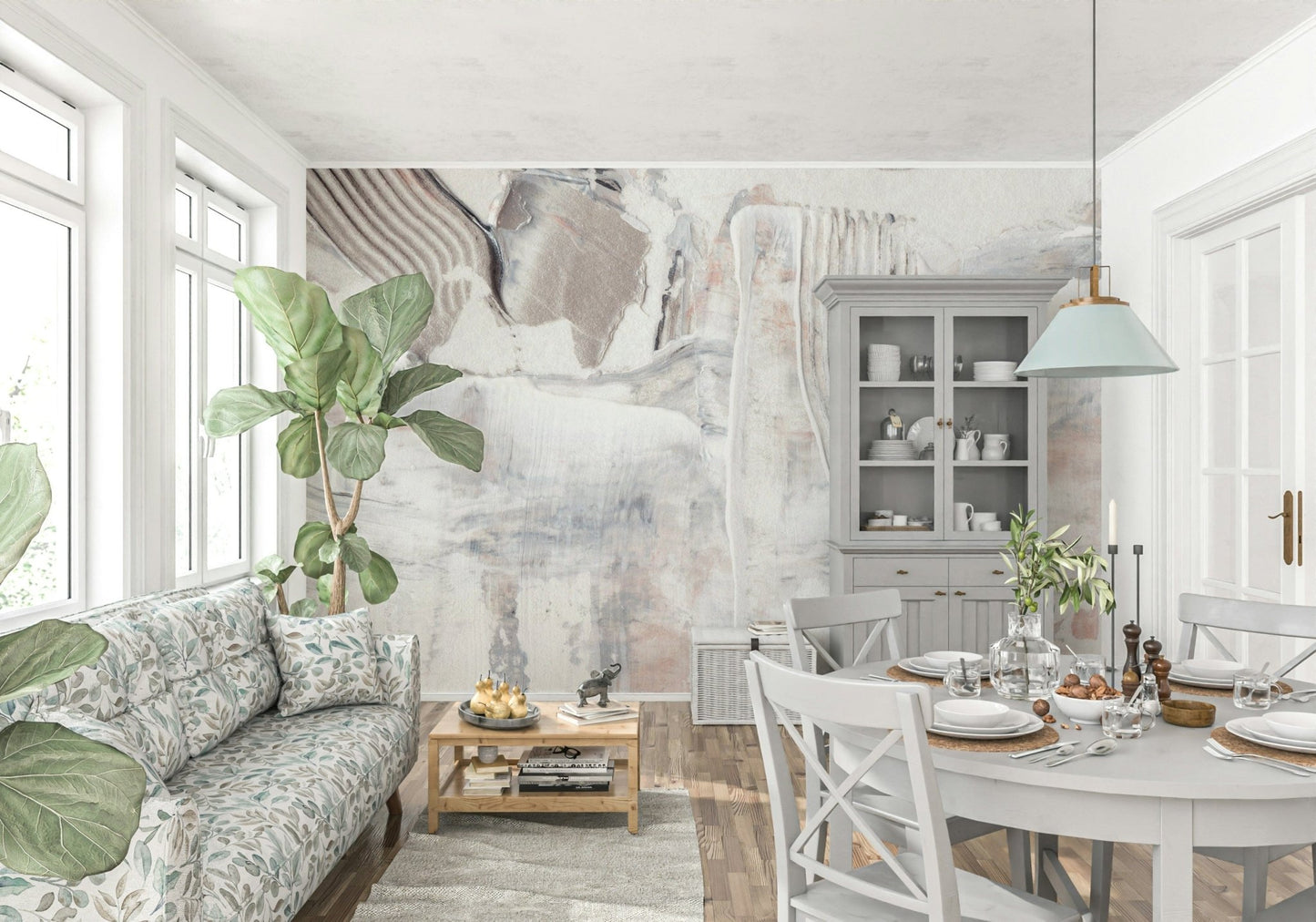 A peaceful modern abstract mural on decorative wallpaper.