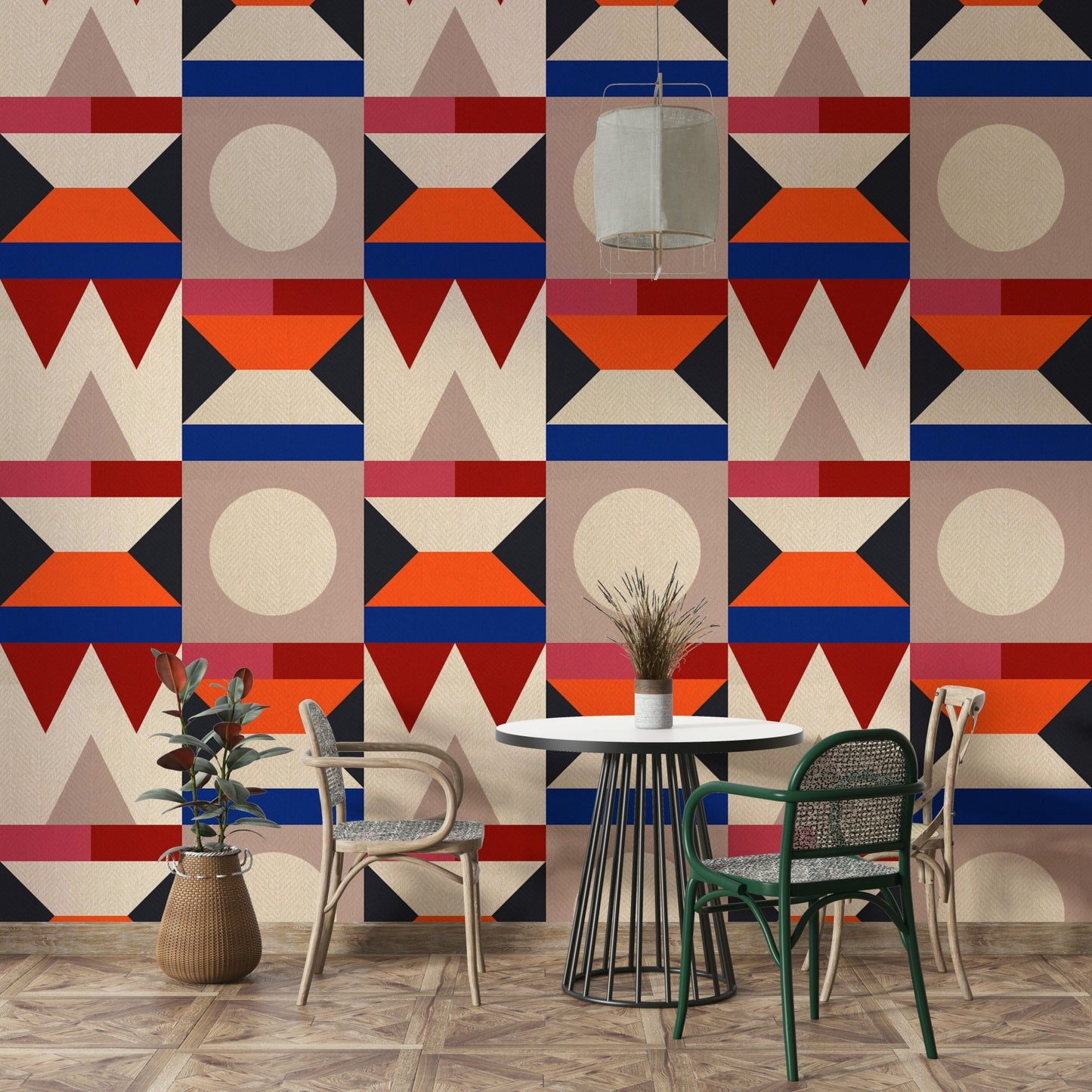 Mural wallpaper with layered triangle design

