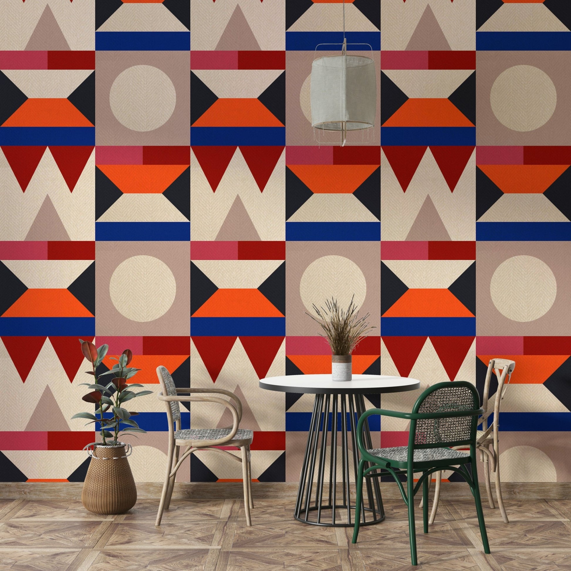 Mural wallpaper with layered triangle design

