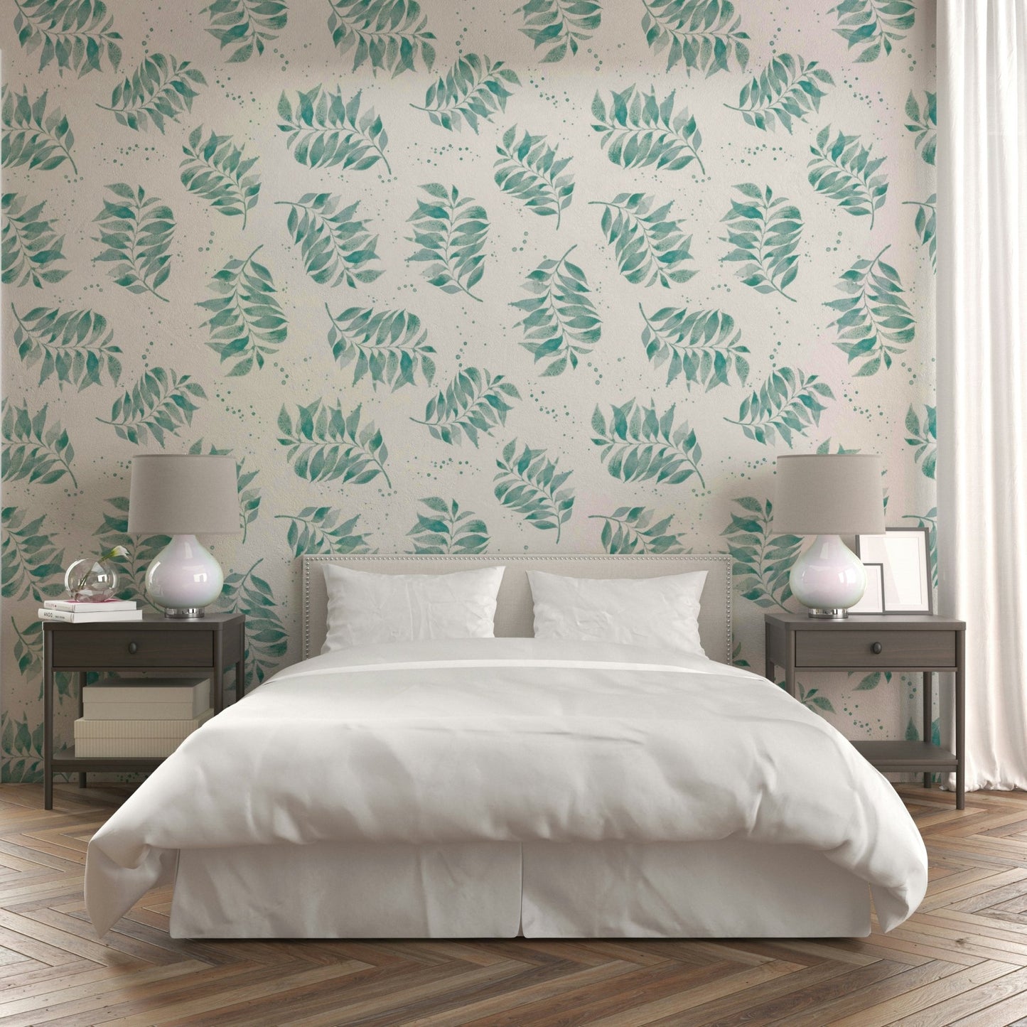 Aqua and white palm pattern mural wallpaper

