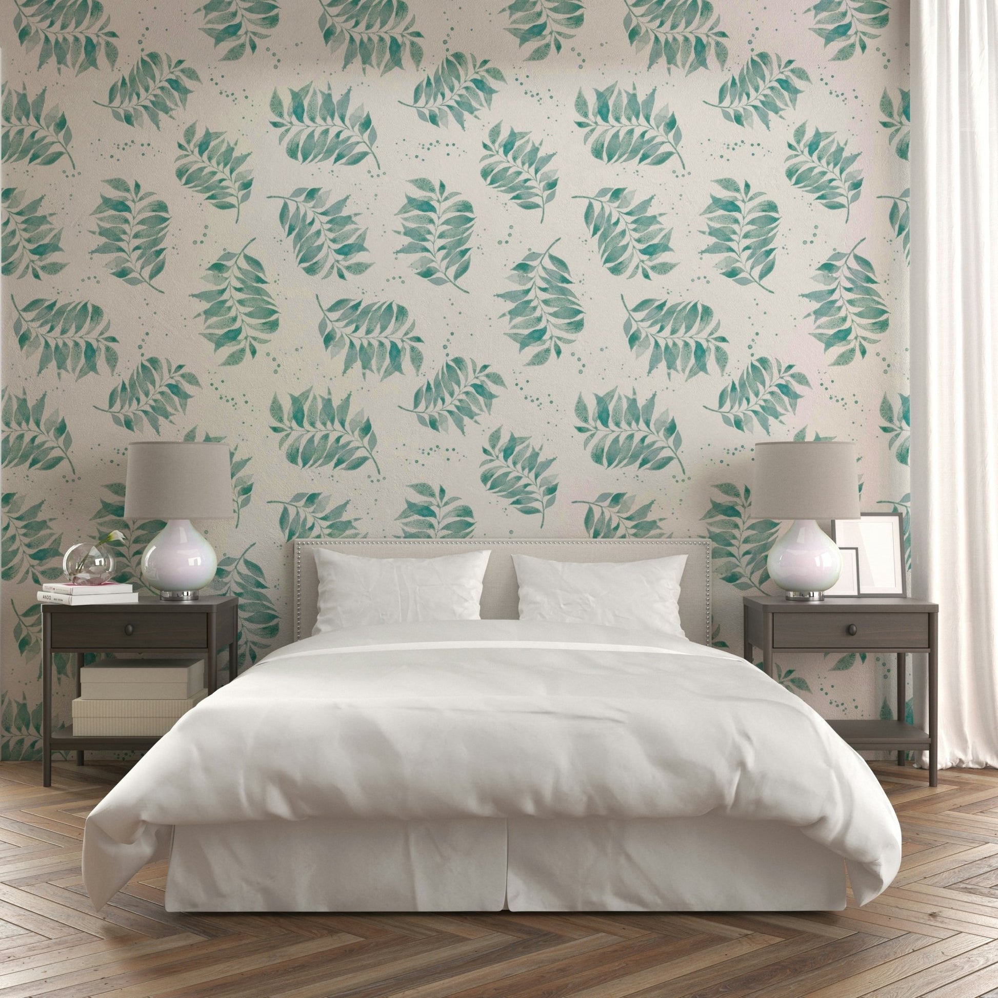 Aqua and white palm pattern mural wallpaper

