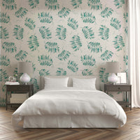 Aqua and white palm pattern mural wallpaper

