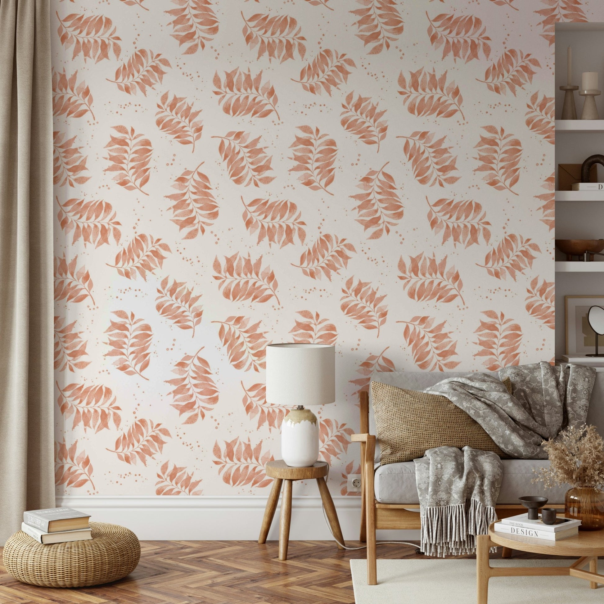 Terracotta wallpaper with artistic leaf design

