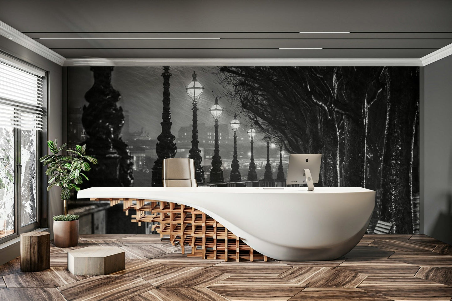 The walkway is lined with ornate streetlights.

