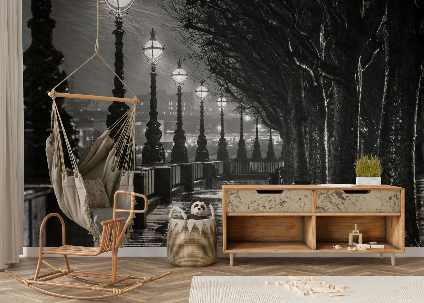 A city skyline is visible in the distance.

