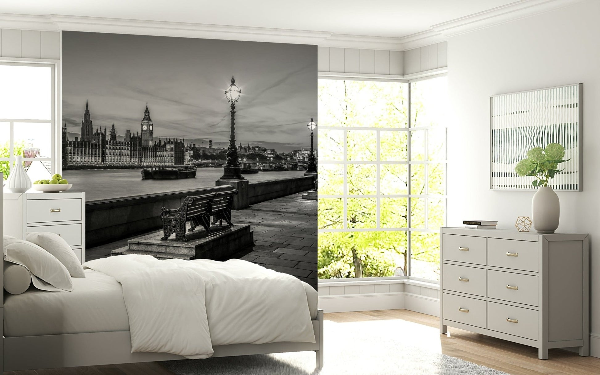 Iconic British landmark mural, evening atmosphere, serene river image.