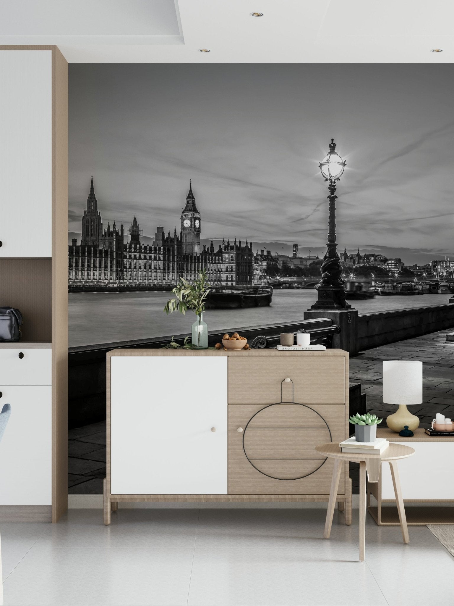 Architectural wonder mural, detailed stone railing, captivating London view.
