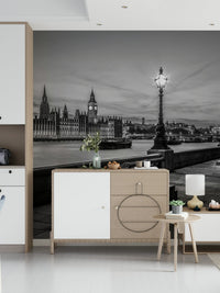 Architectural wonder mural, detailed stone railing, captivating London view.