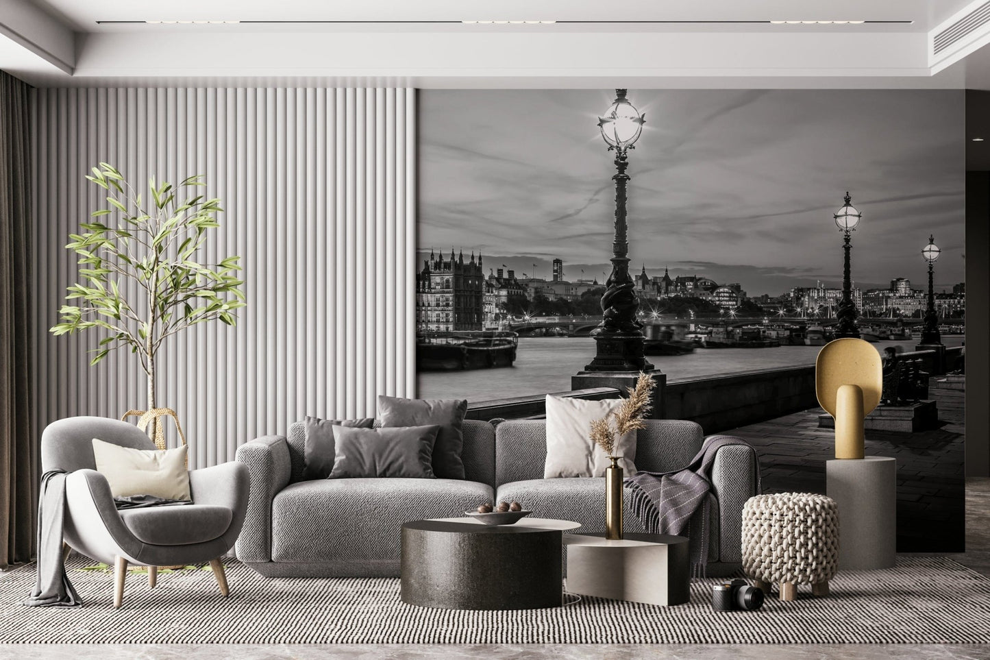 Grayscale Thames Twilight panorama, illuminating street lights, large mural.