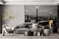 Grayscale Thames Twilight panorama, illuminating street lights, large mural.