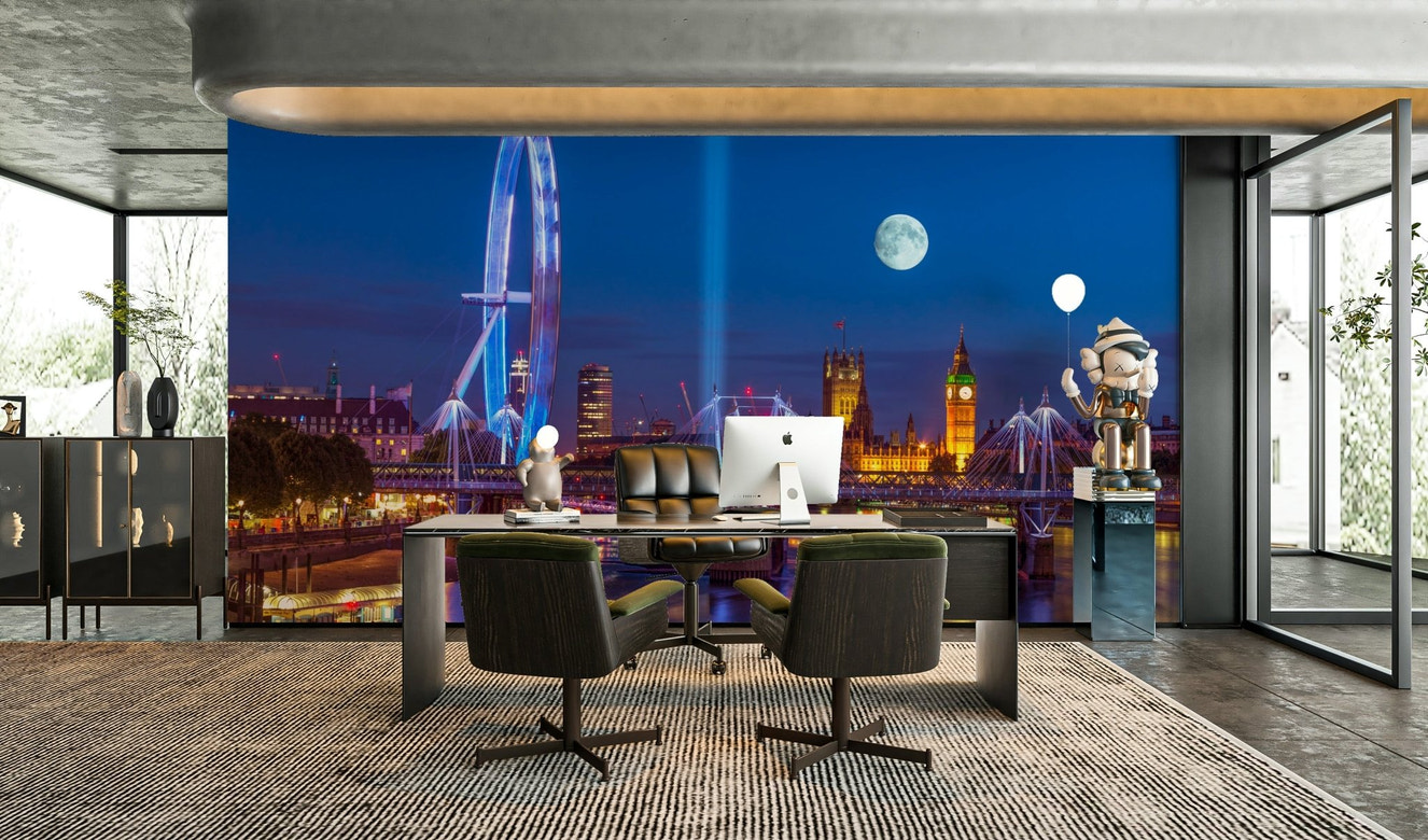 An elegant wall mural with a view of the London skyline at twilight.

