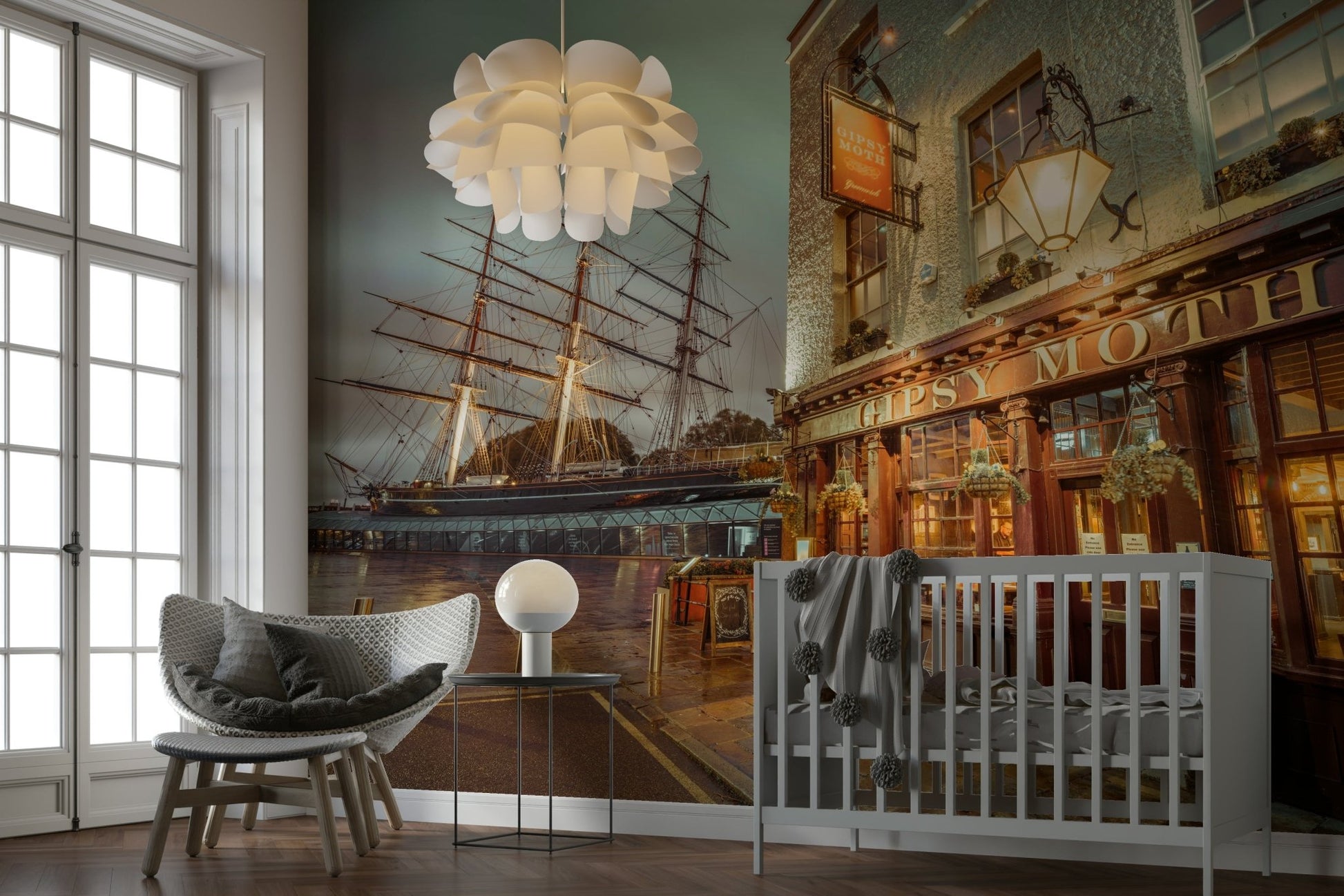 Travel-inspired wall mural with UK scenery

