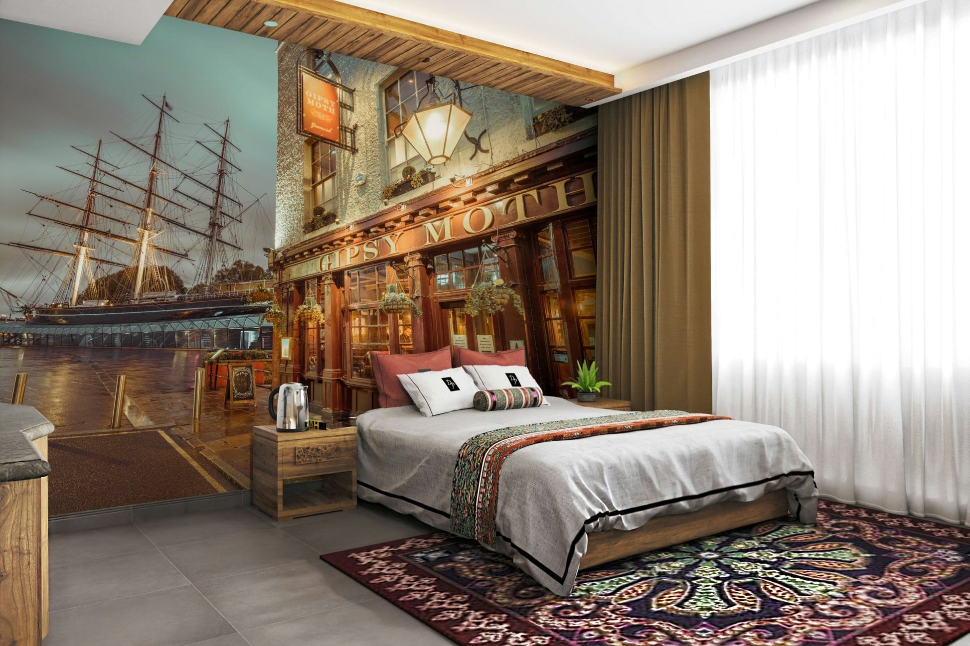 Scenic mural of Thameside buildings and water

