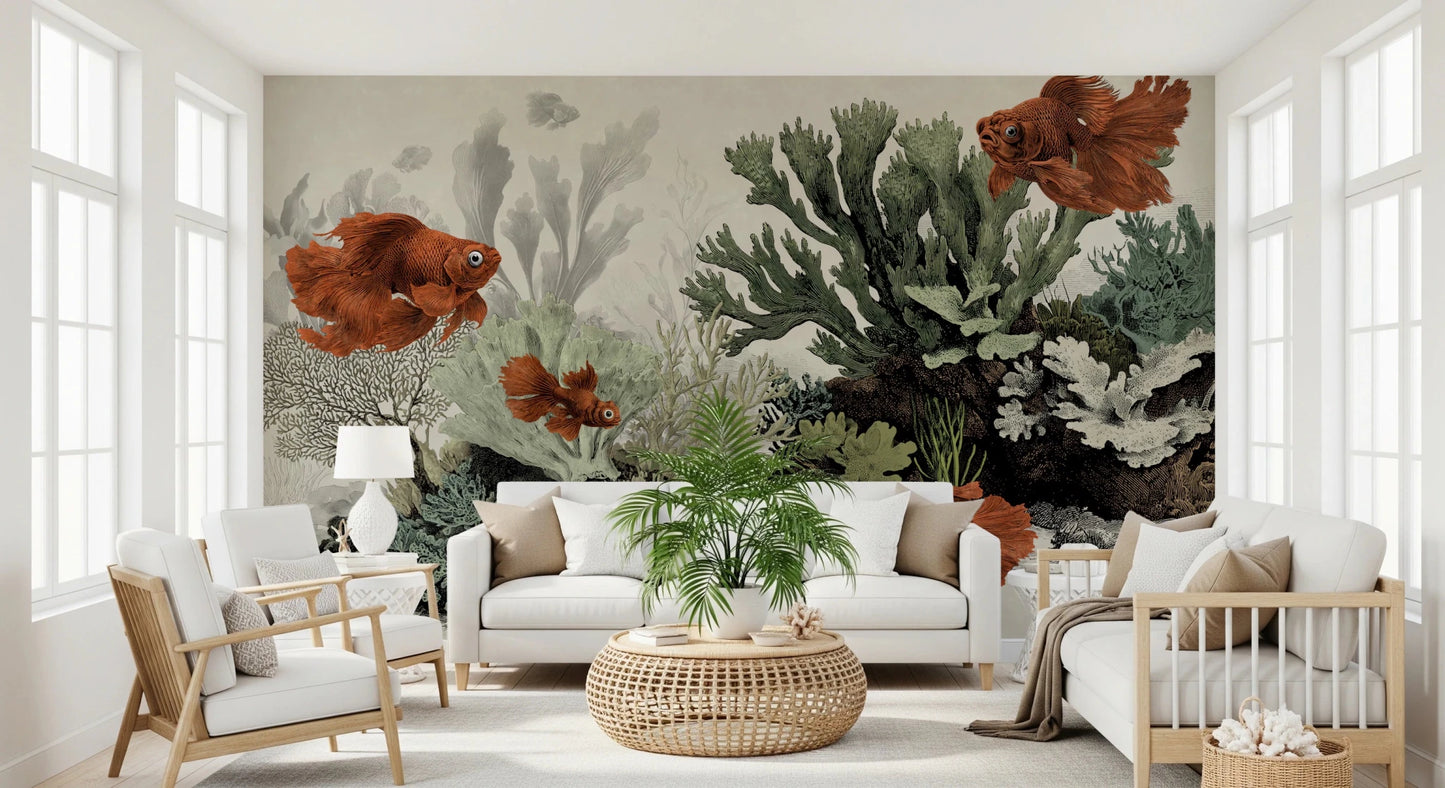 Classic peel and stick mural with fish and sea plants.