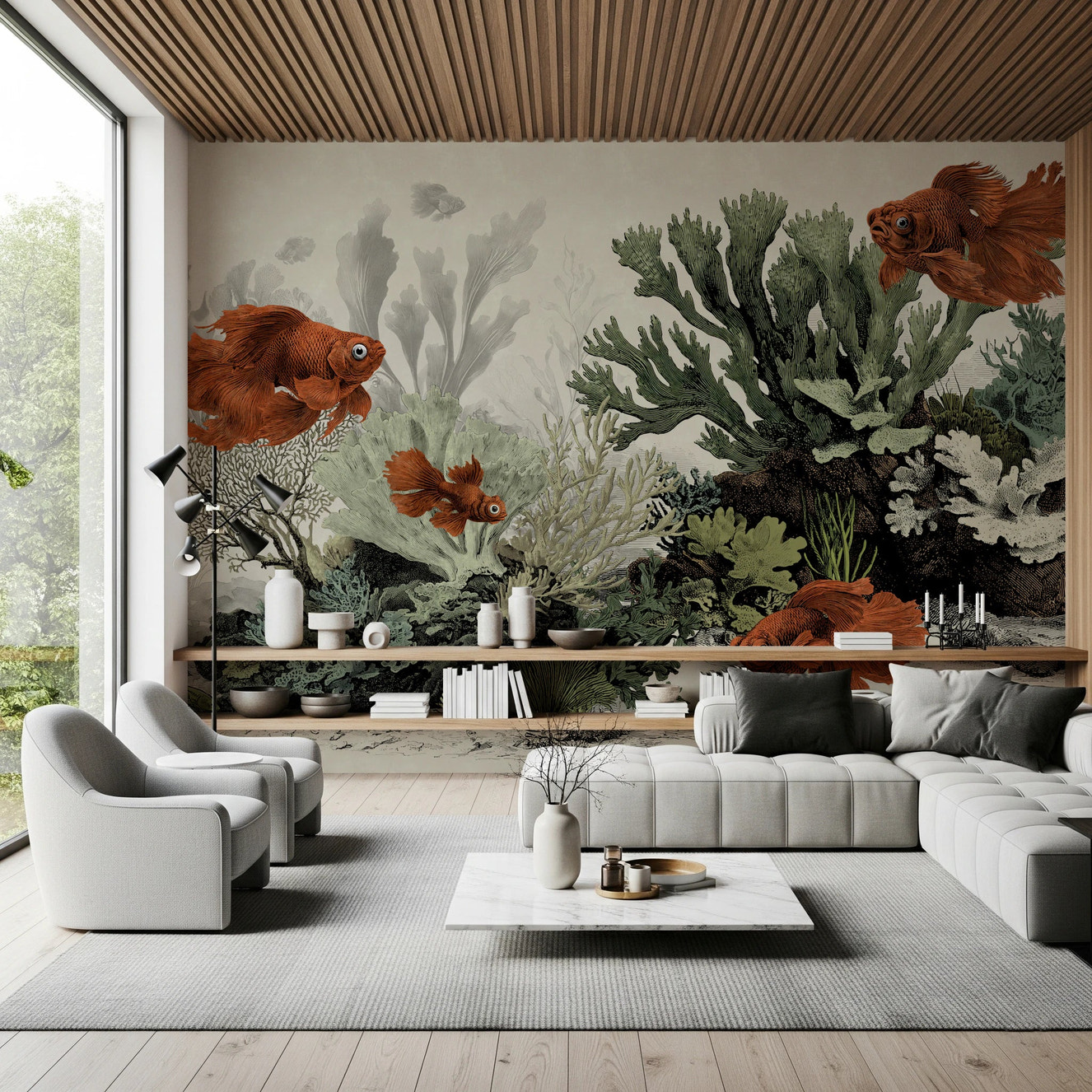 Vintage fish wall mural with aged parchment aesthetic.