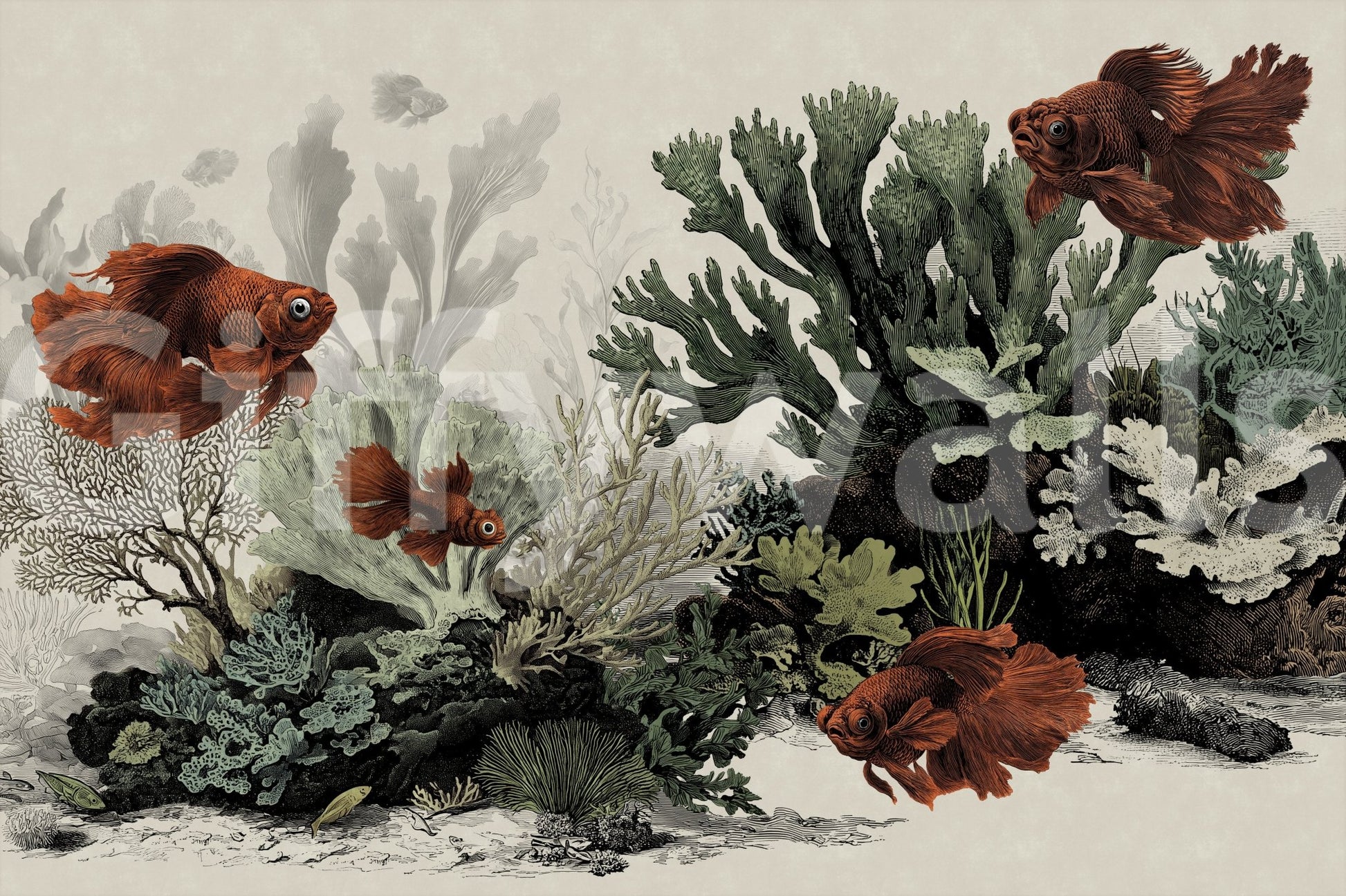 Parchment tone mural with vibrant orange fish designs.