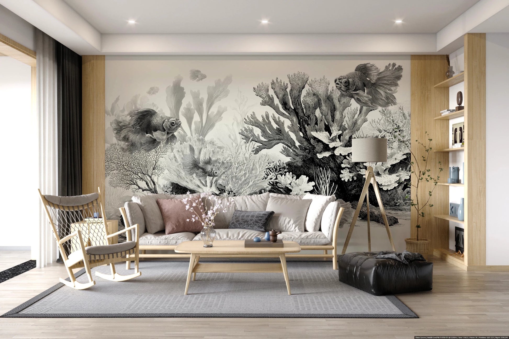 Intricate black coral reef wall art on cream.