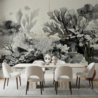 Bold black goldfish sketch wall covering.