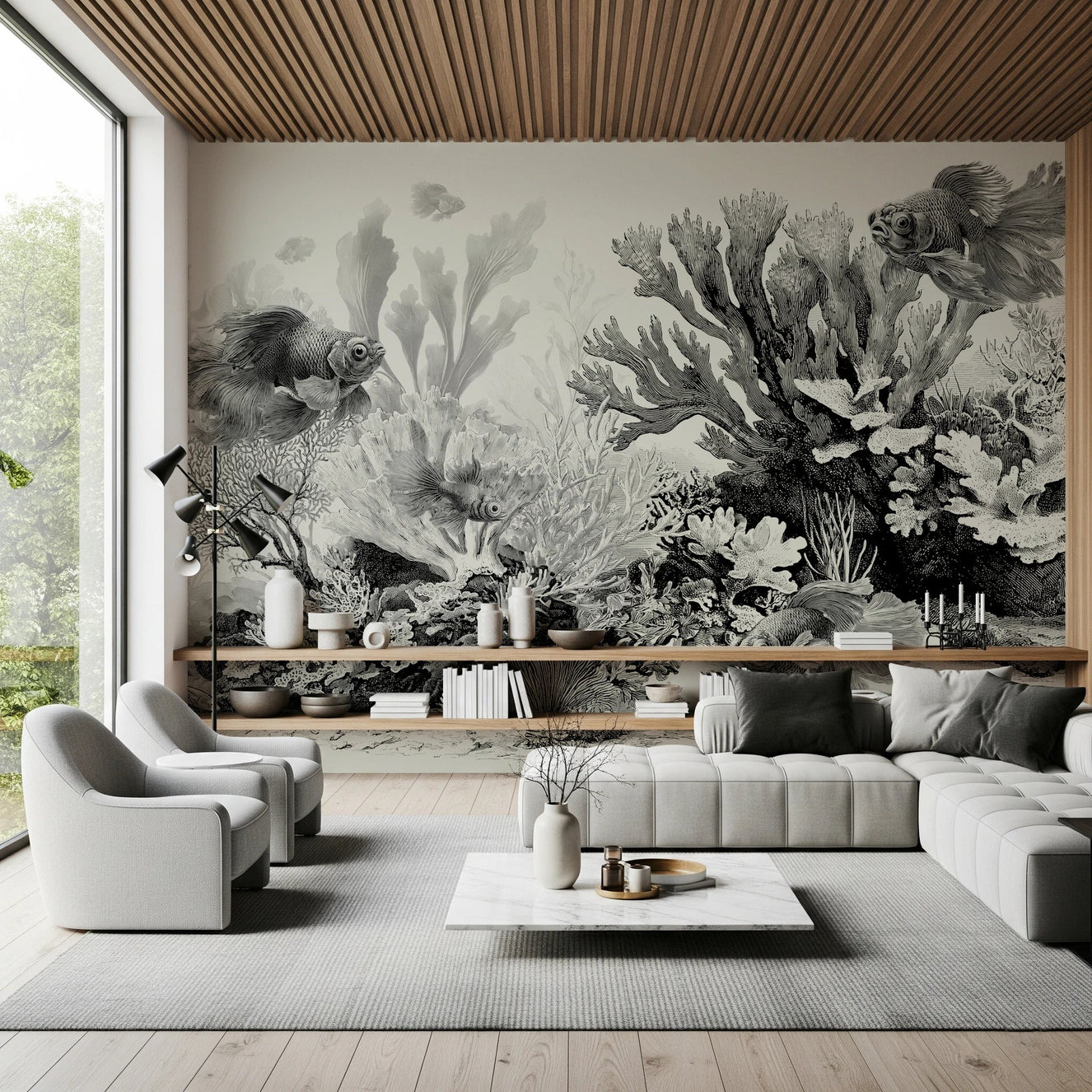 High contrast black and cream goldfish mural.