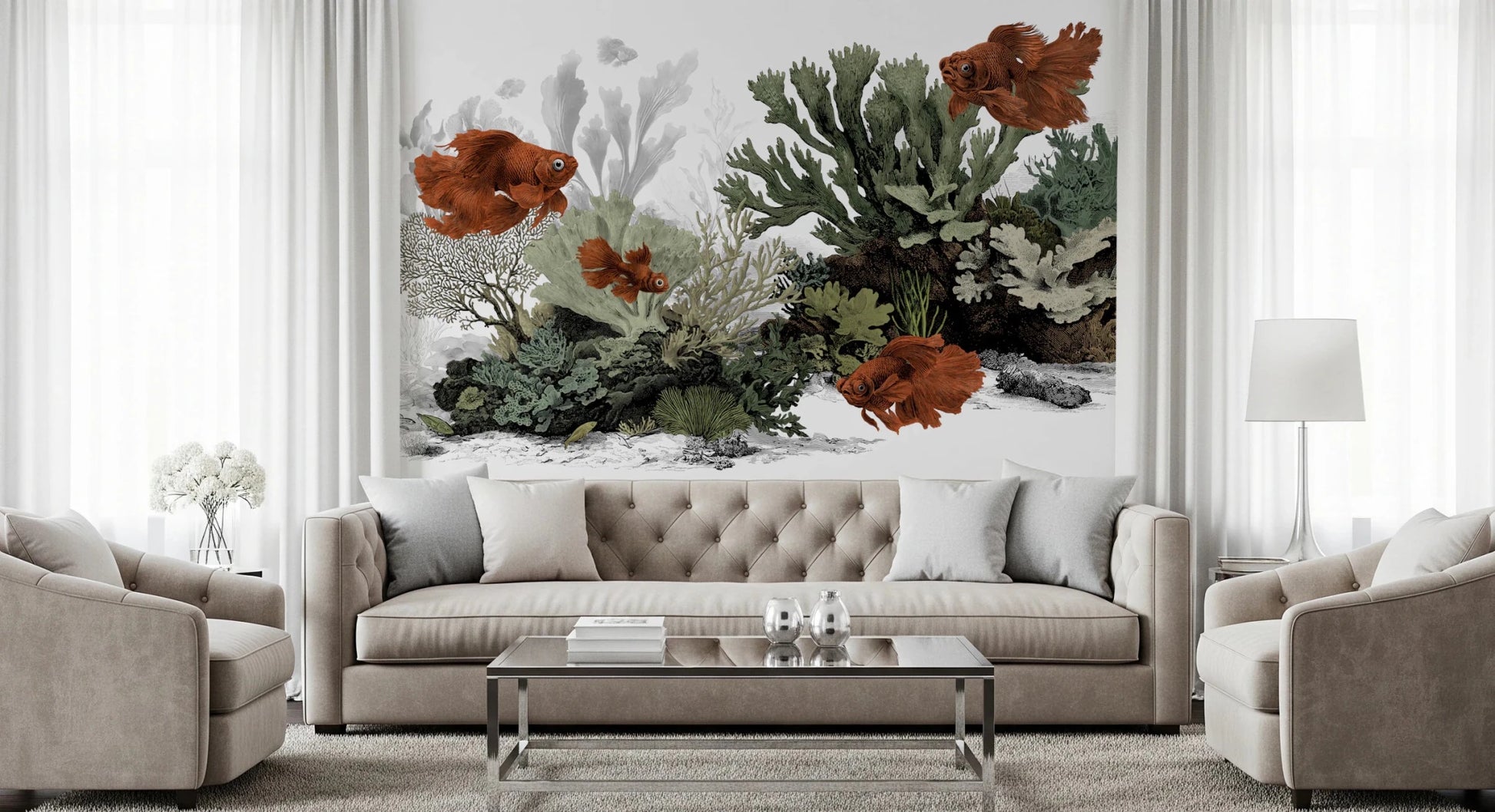 The Aquarium wall art with vibrant orange fish designs.