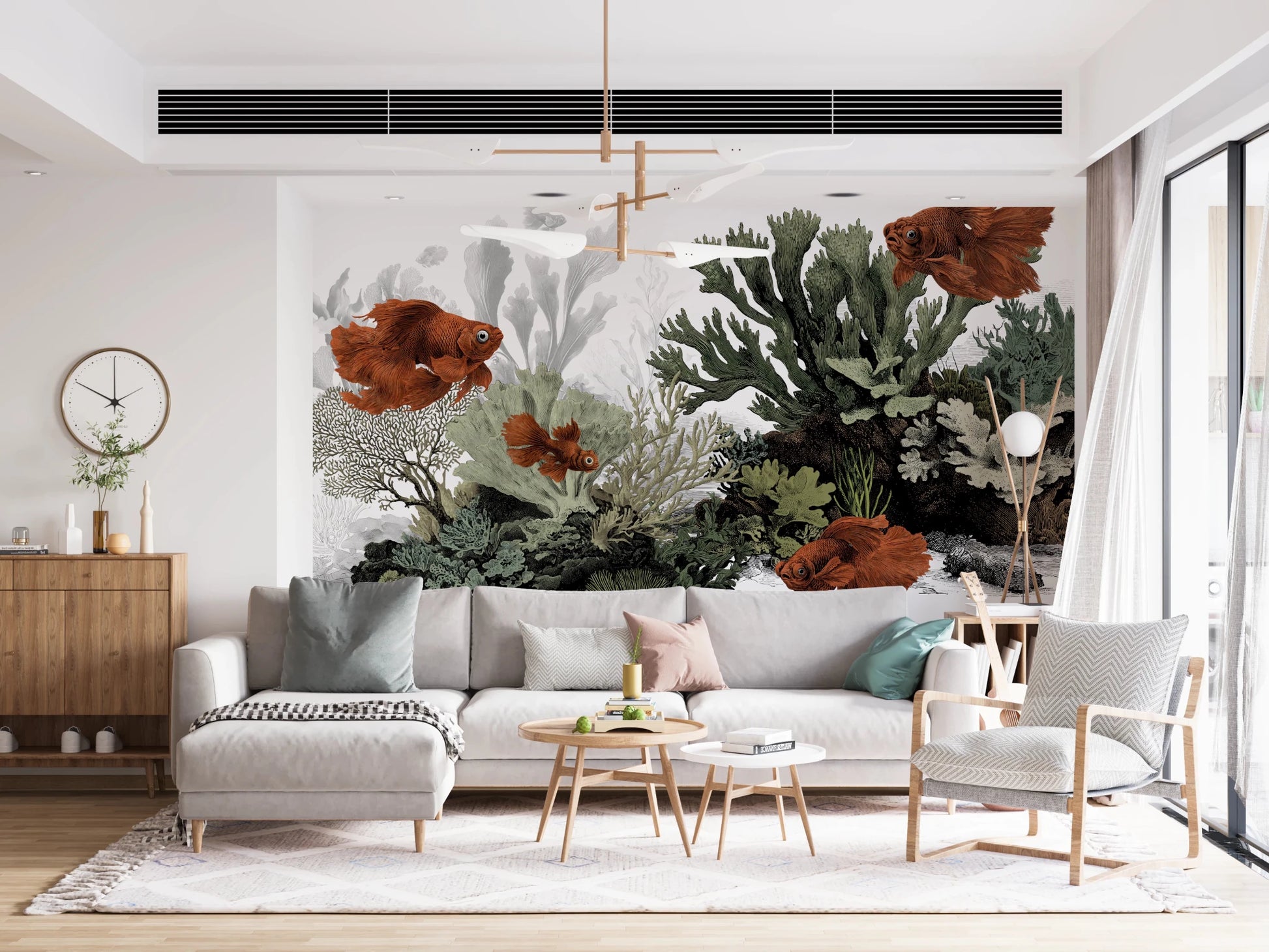 Scientific style fish illustration wall mural on white.