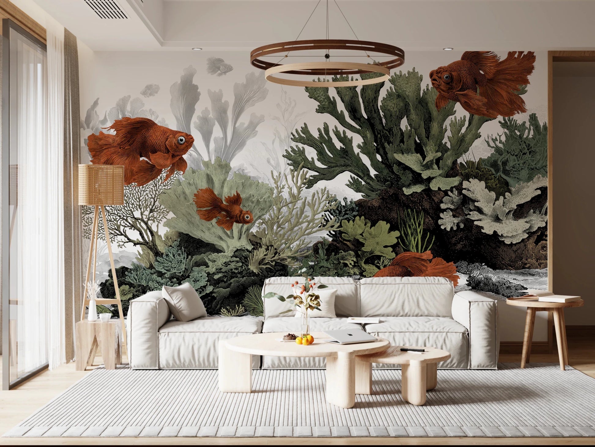 Nautical wall mural with fish illustrations on white.