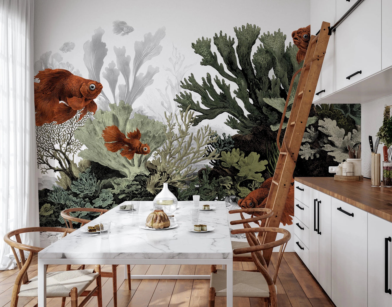 The Aquarium mural with orange fish on a white background.