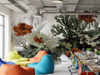 Minimalist white background mural with tropical fish.