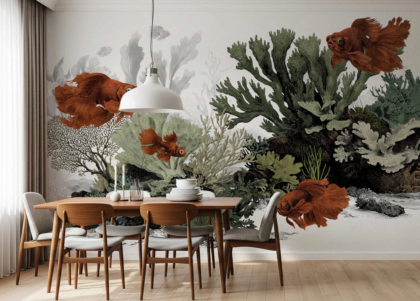 Detailed orange fish and green coral peel and stick art.