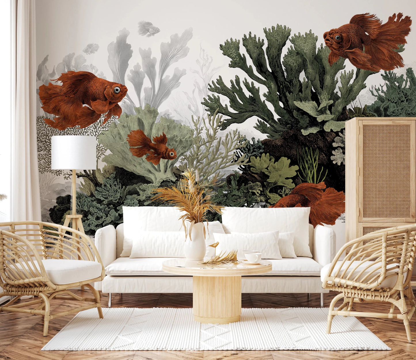 Vintage fish peel and stick mural with green sea coral.