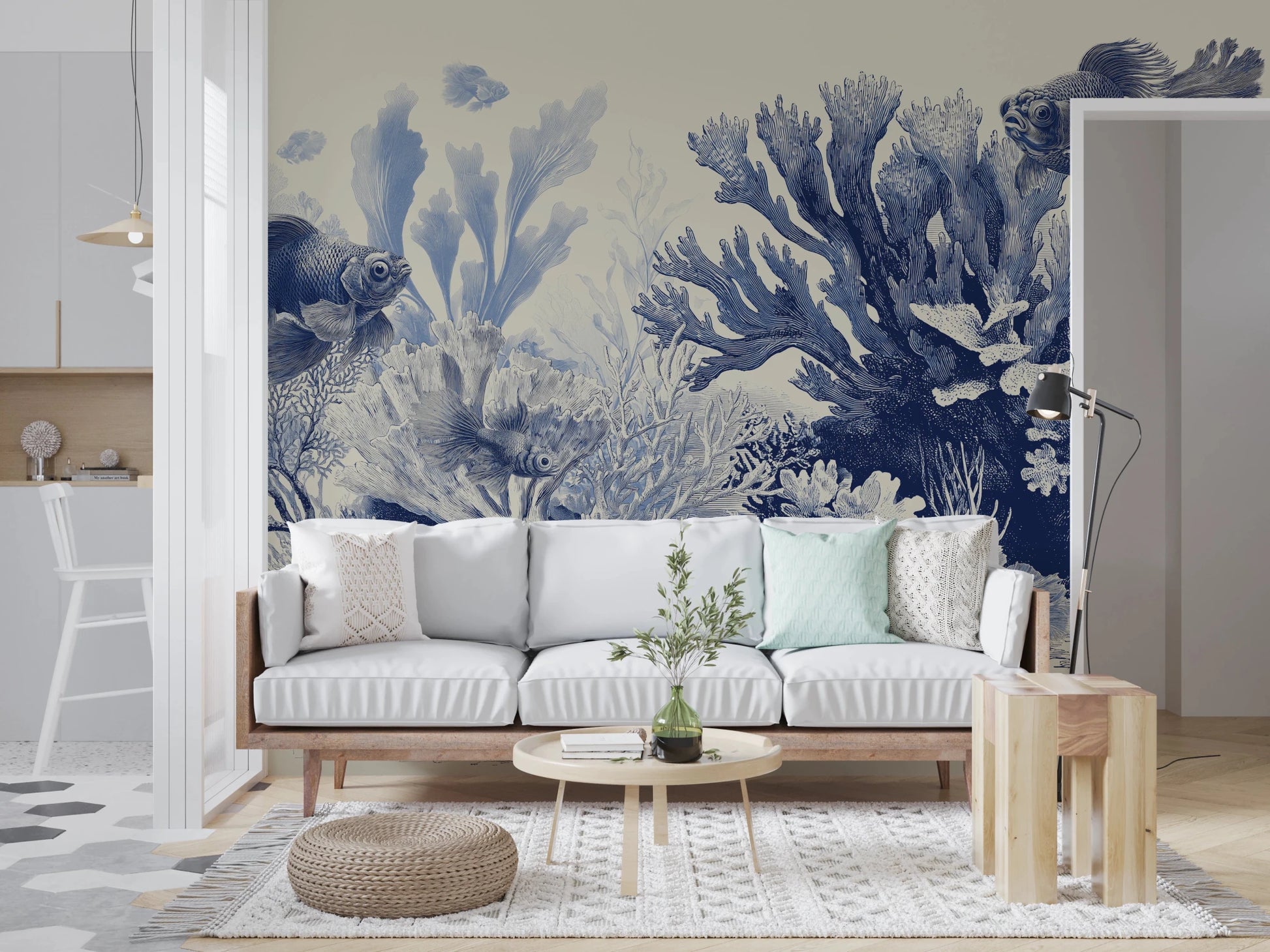 Marine life wallpaper in a traditional blue tint., GD8428