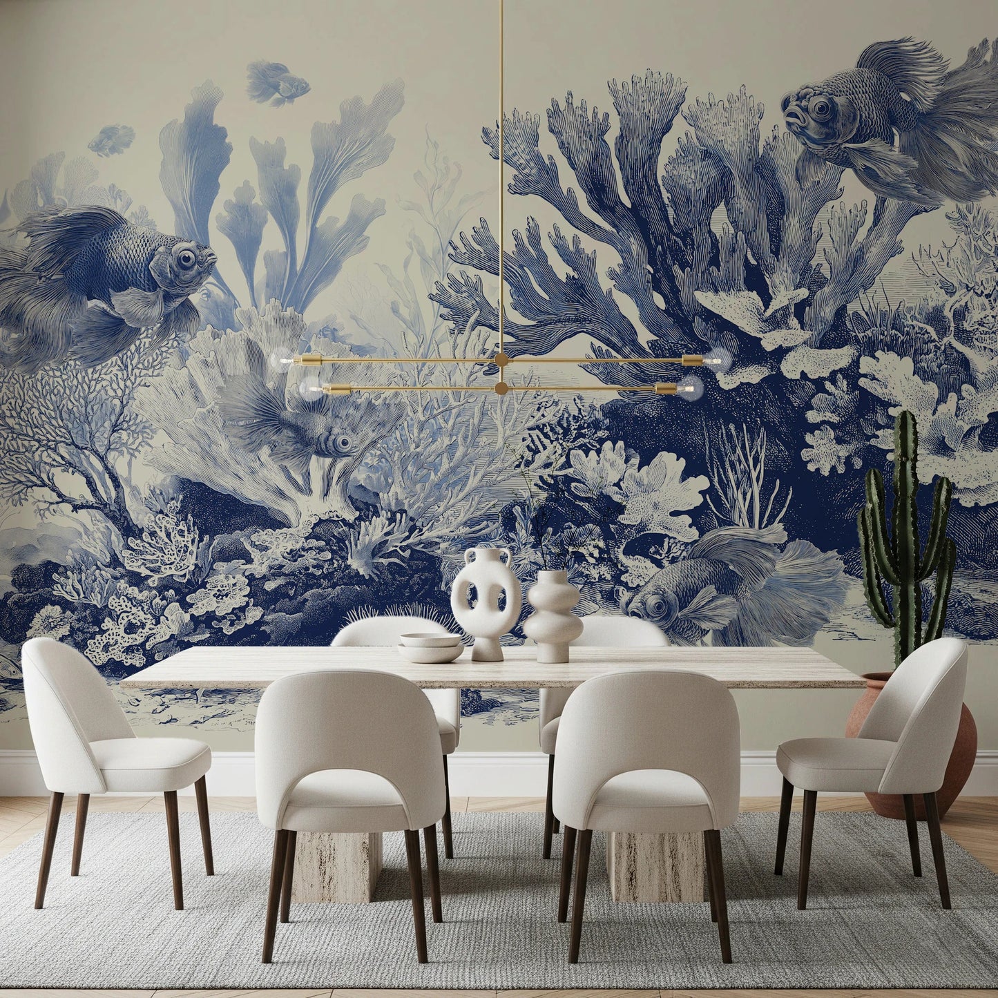 Coastal decor mural with Delft blue ocean life., GD8428