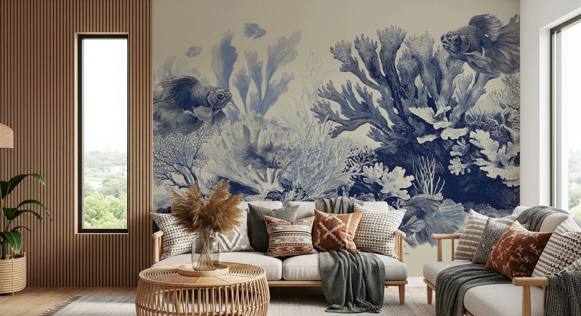 Nautical wall art with blue sea botanical motifs., GD8428
