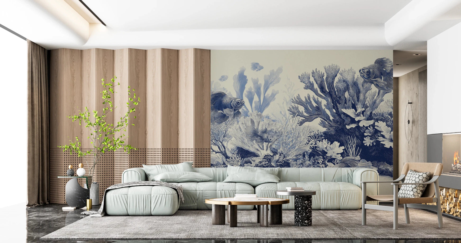 Ornate coral reef drawing in navy and white., GD8428