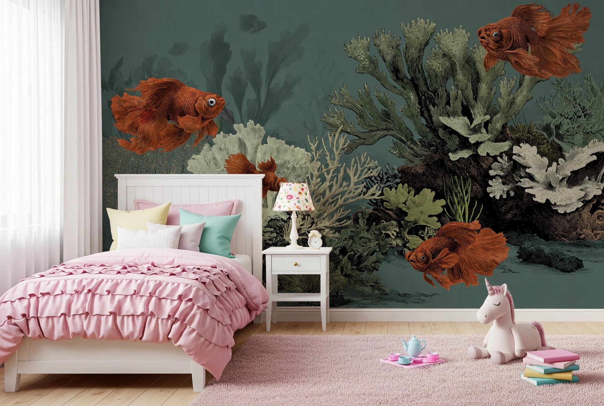 Classic peel and stick mural with fish and sea plants.
