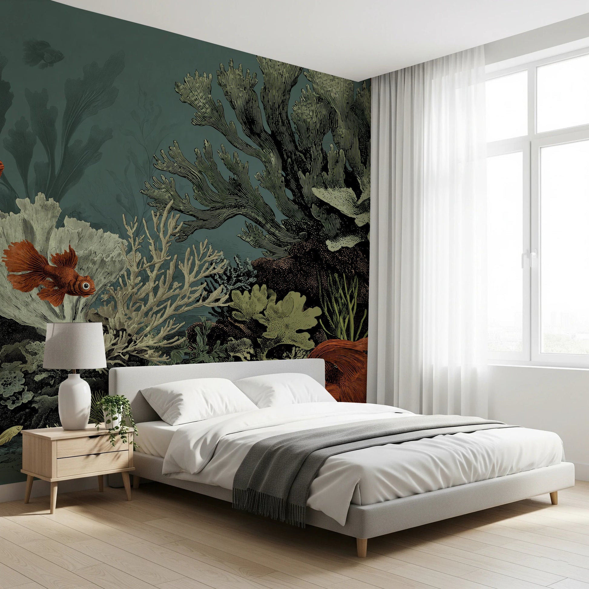 Warm beige aquarium mural with classic fish sketches.