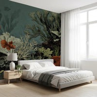 Warm beige aquarium mural with classic fish sketches.