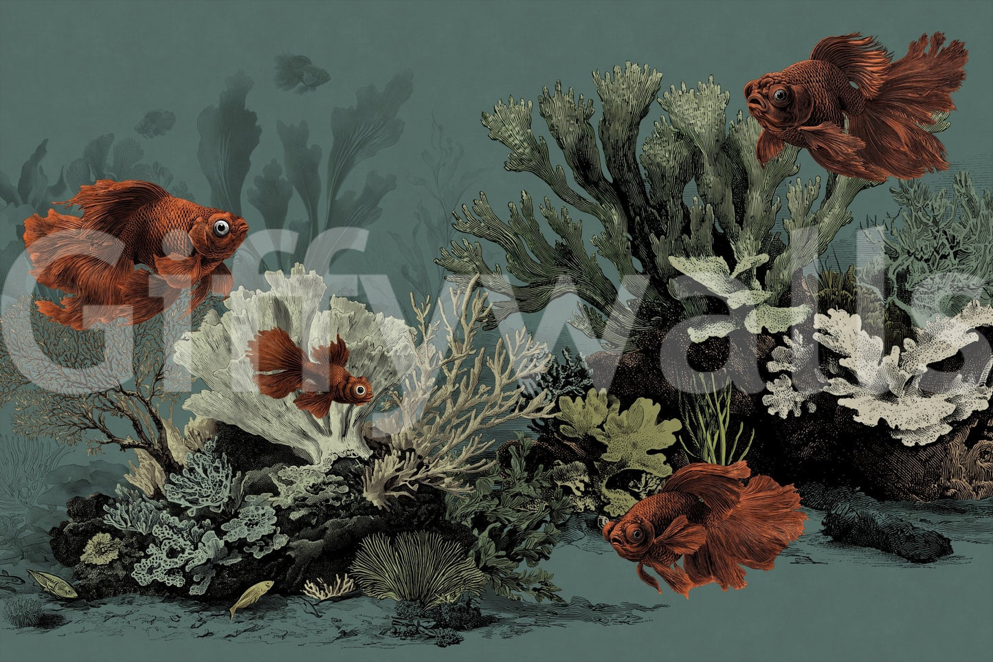 Parchment tone mural with vibrant orange fish designs.