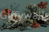 Parchment tone mural with vibrant orange fish designs.