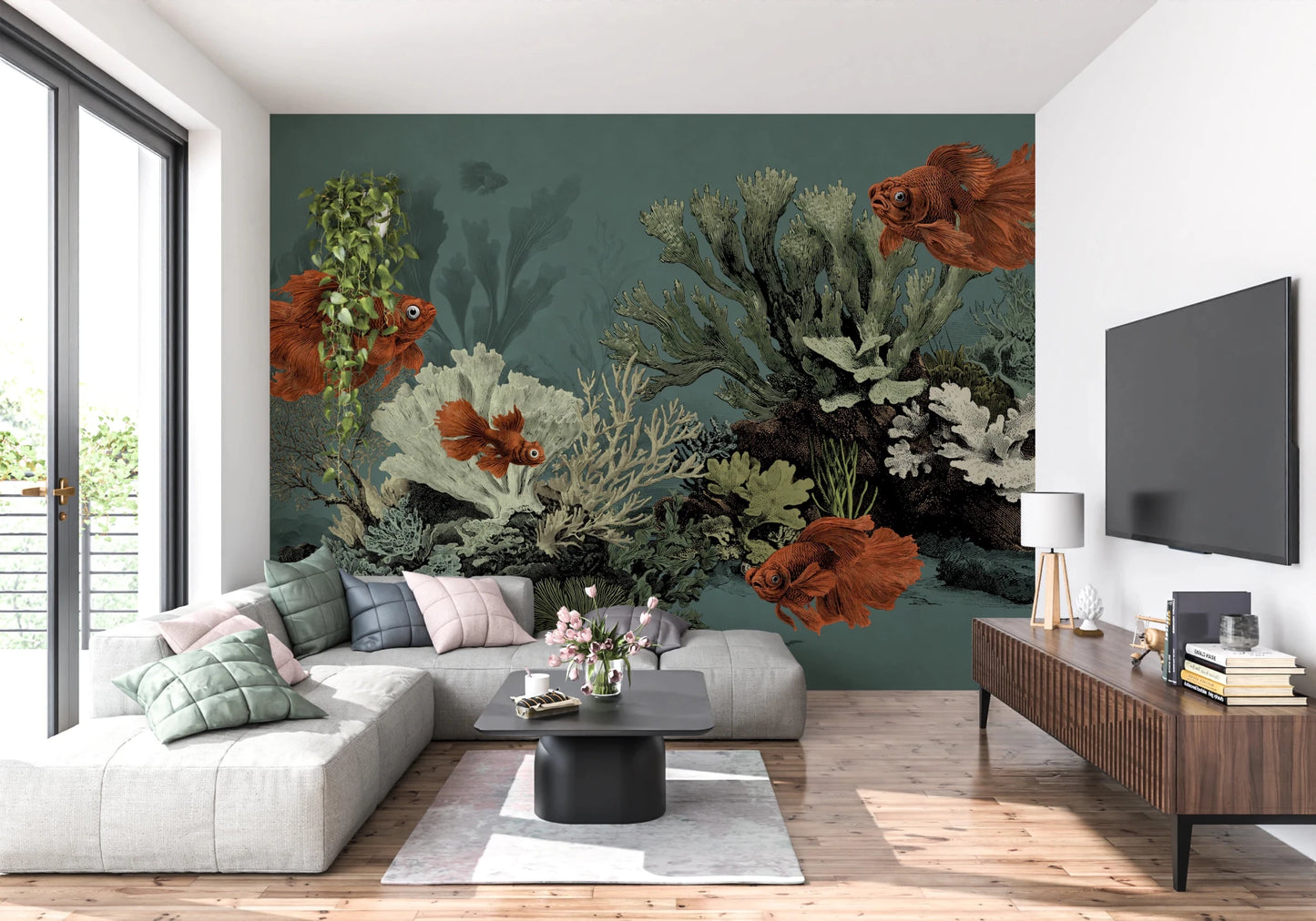 The Aquarium Antique Paper mural for a vintage study.