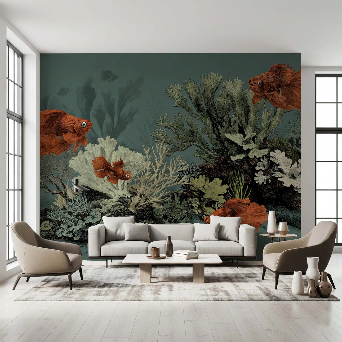 Vintage fish wall mural with aged parchment aesthetic.