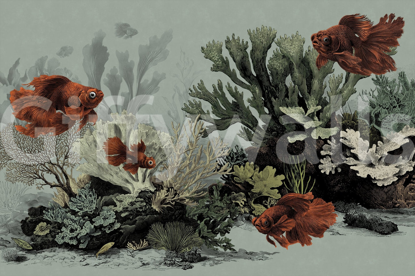 Coastal style aquarium mural with a seafoam palette.