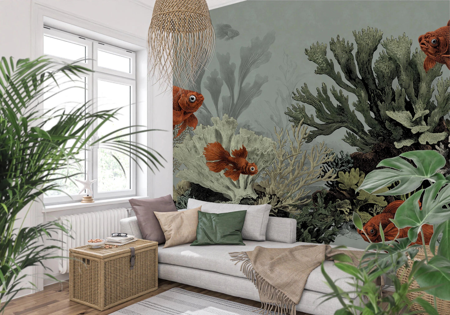 Pastel green mural with orange fish and green coral.